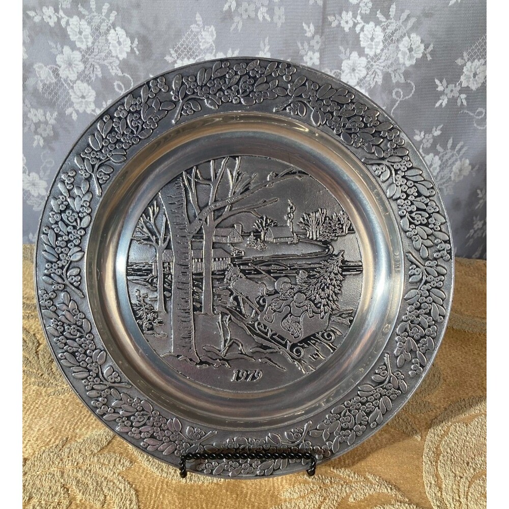 Vintage 70s Pewter Plate 1970s Holiday Winter Christmas Theme Decor Cottagecore